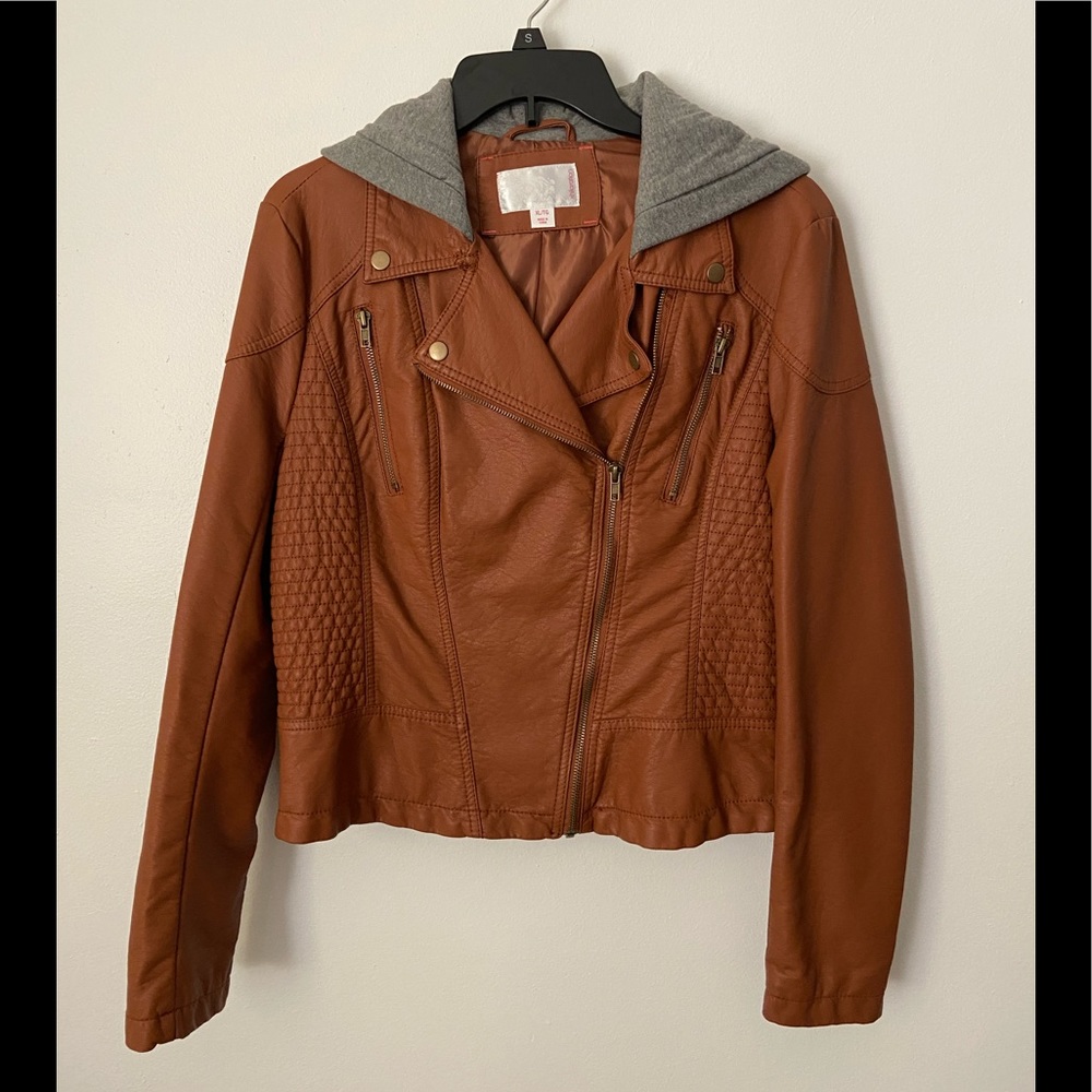 Pleather brown jacket with hood